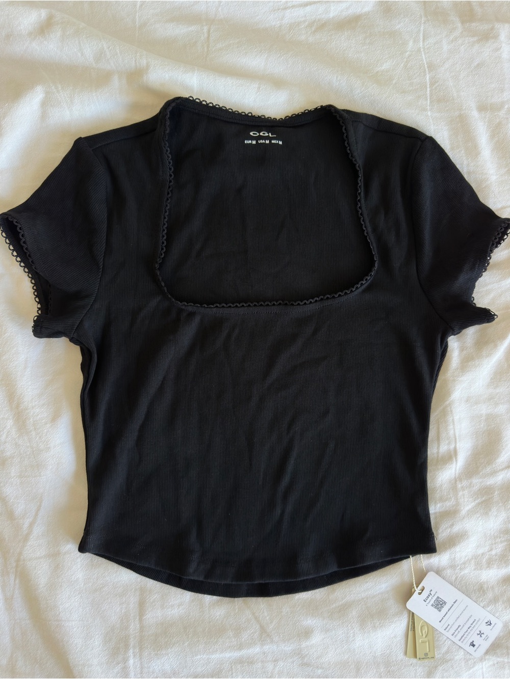 OGL - Black Picot Trim Short-Sleeve Square Neck Ribbed Top - M